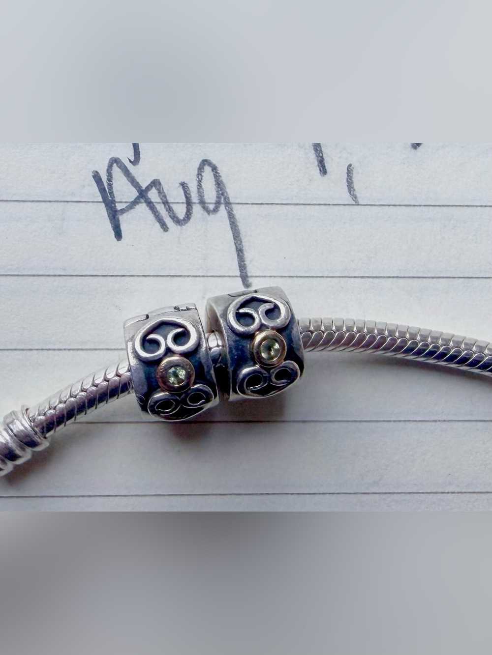 Pair Authentic Pandora Sterling Double Heart Clip Charms, w/ 14k Gold & Peridot - Picture 4 of 12